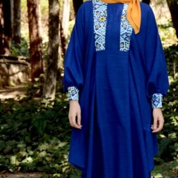 مانتو تونیک سنتی با حجاب آبی کاربنی قد 85تا 90سایز36 تا 44 جنس کرپ عالی 