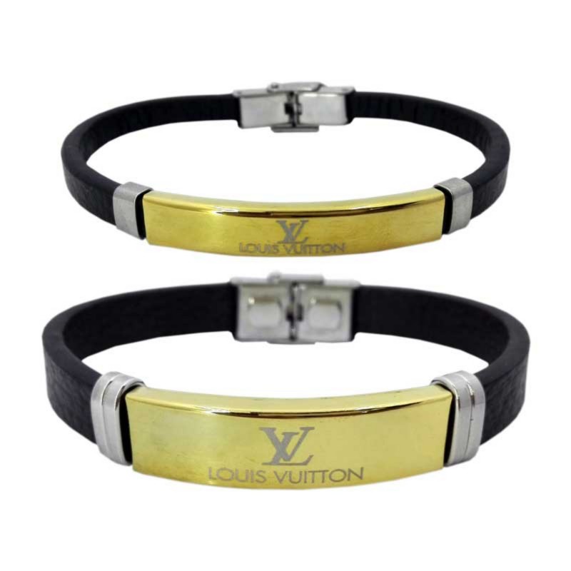 ست دستبند چرم با پلاک استیل رنگ طلایی ثابت طرح لویی ویتون مدل 4133