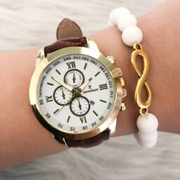 ست ساعت زنانه بند چرم و دستبند مهره سفید دارای تقویم شش ماه گارانتی کیفیت عالی کارت ضمانت