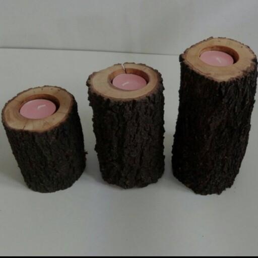 جا شمعی چوبی سه قلو قهوه ای تیره تهیه شده با چوب طبیعی بلوط