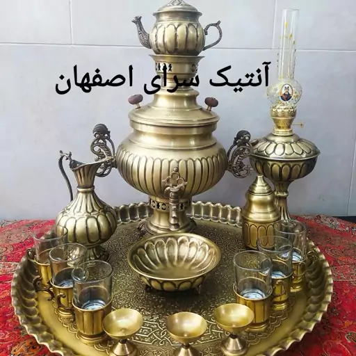  سماور  ذغالی برنجی6لیتر (ست16تکه )مدل پخدار دسته توری رنگ آنتیک