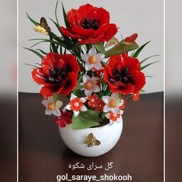 گل کریستالی، گلدان زیبای شقایق سرخ(شقایق عاشق)، بسیار خوشرنگ و ناز، جنس گلدان چینی_سرامیکی.