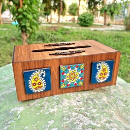 جعبه دستمال چوبی با کاشی لعابی دستساز
