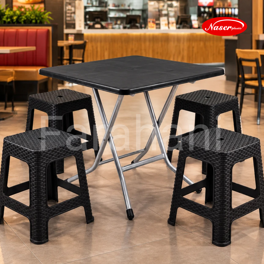 Folding stools and tables suitable for fast food outlets