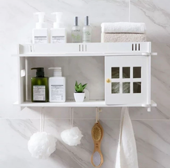 Wall-mounted box shelf, single door with integrated toilet paper dispenser and hanging hooks, waterproof