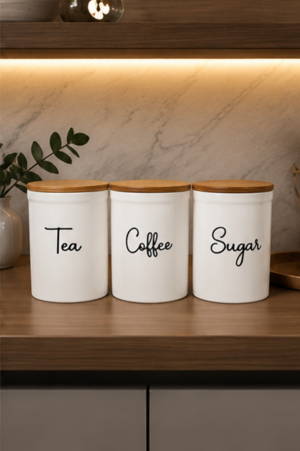 Tea, sugar, and coffee canister set