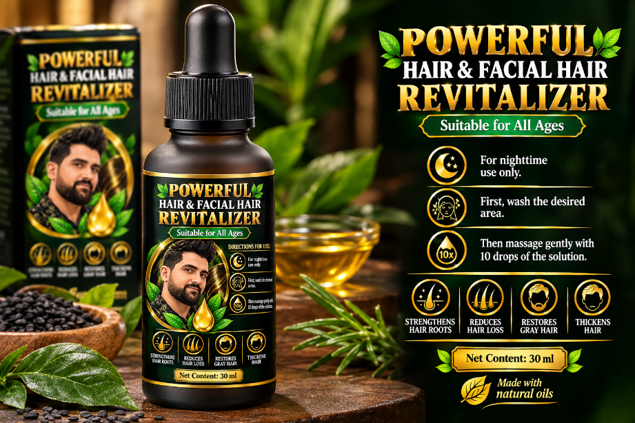 Hair and facial hair growth solution for hair loss and gray hair reversal.