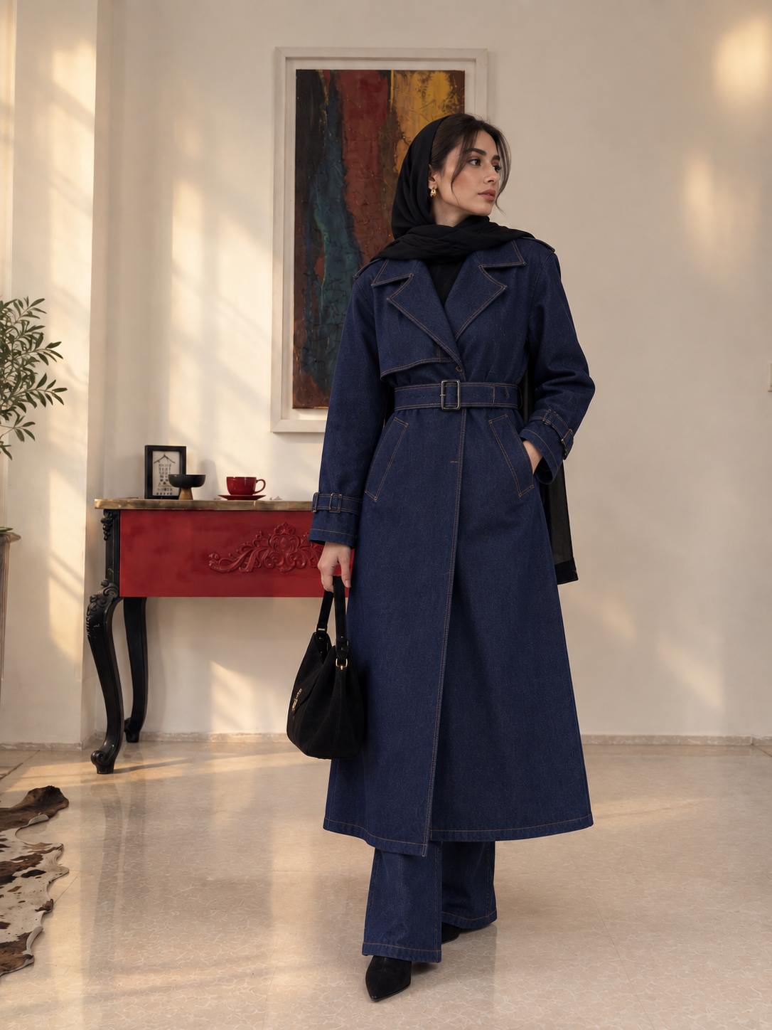 Matineh model navy blue denim trench coat