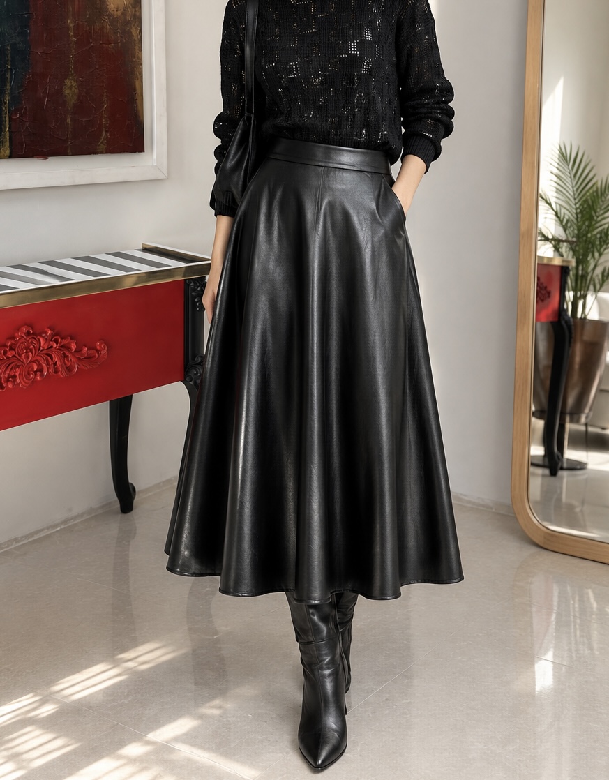 Flared leather skirt