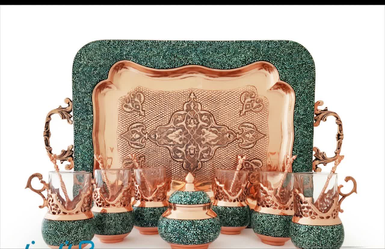 Turquoise Inlaid (Firoozeh Koobi) Copper Syrup, Tea, and Coffee Serving Sets