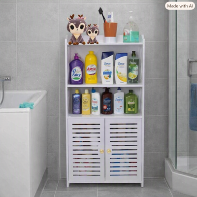4-tier freestanding shelf stand with cabinet, waterproof nano PVC material, brings organization and beauty to bathrooms and restrooms.