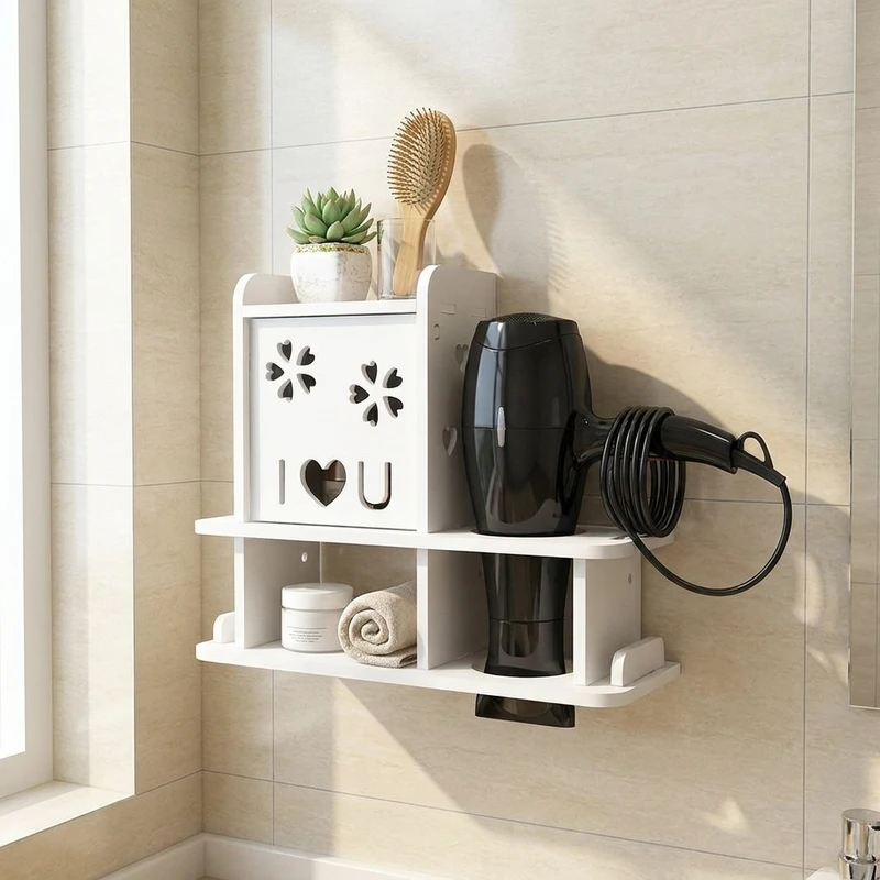 Khone Khas wall shelf, hairdryer holder box model, 2 layers, dimensions 35x12x30 cm, 8mm thick, made of moisture and water-resistant PVC, washable, includes hairdryer stand with cord management ring, 2 8cm holes, suitable for upright brush storage
