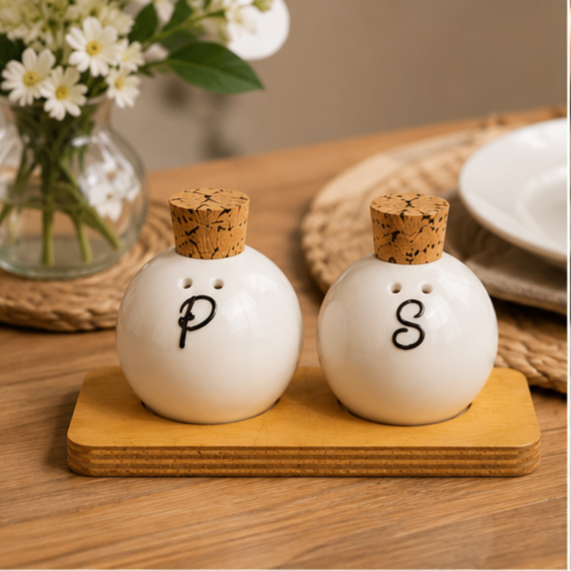 Ceramic salt and pepper shaker set with stand