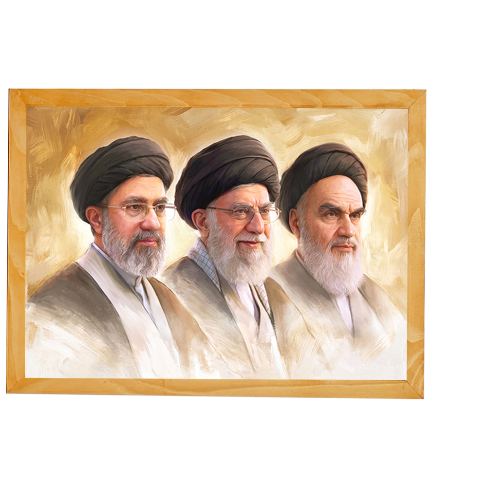 Wooden picture frame with canvas print featuring images of the Imam, the Leader, the Martyr, and Ayatollah Sayyid Mujtaba Khamenei.