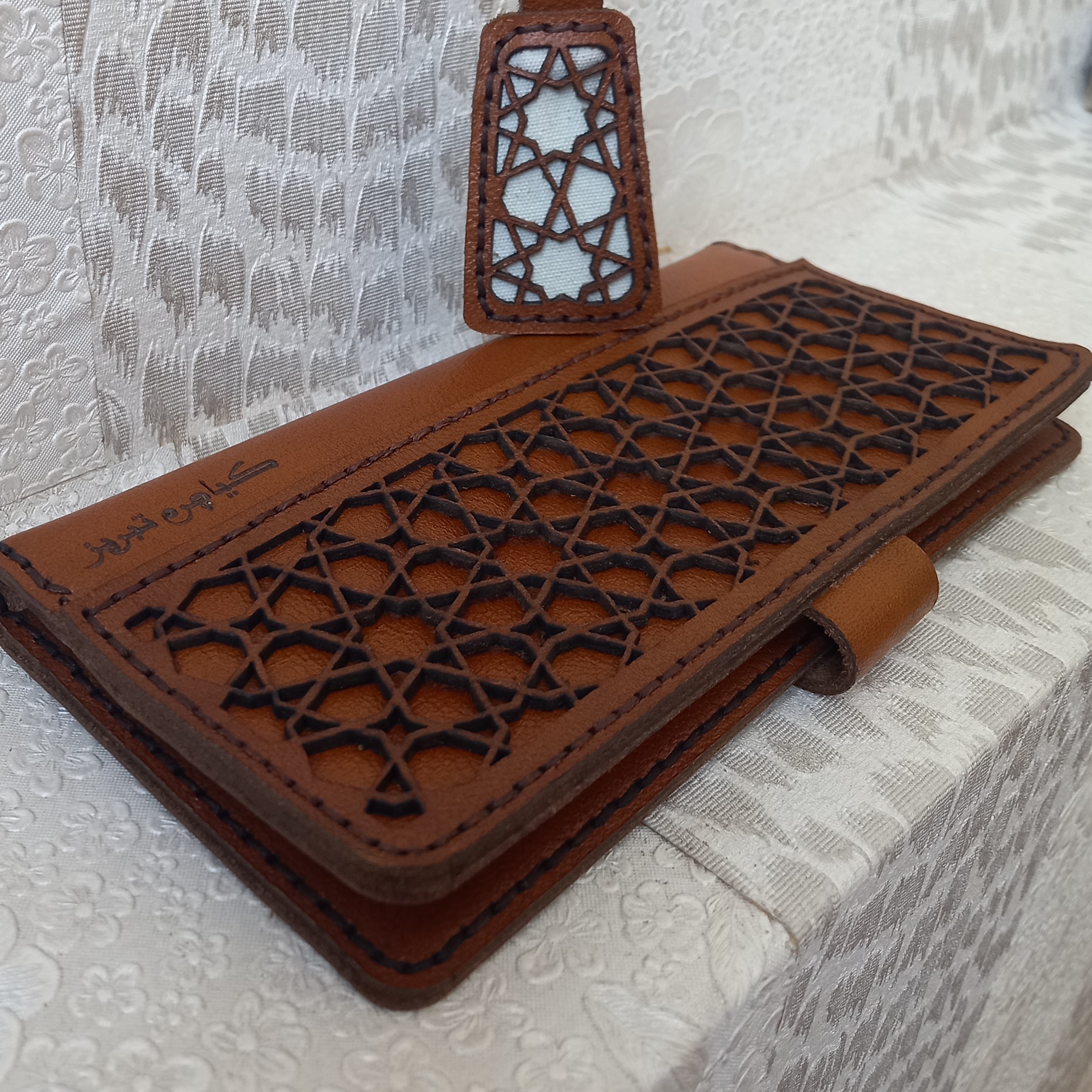 محفظة نقود جلدية يدوية الصنع من الجلد الطبيعي، تصميم إسلامي